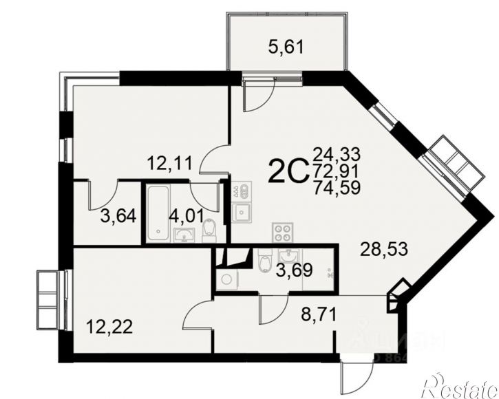 2-комн квартира в новом доме Хлебная площадь, 8к3,  д. 8к3