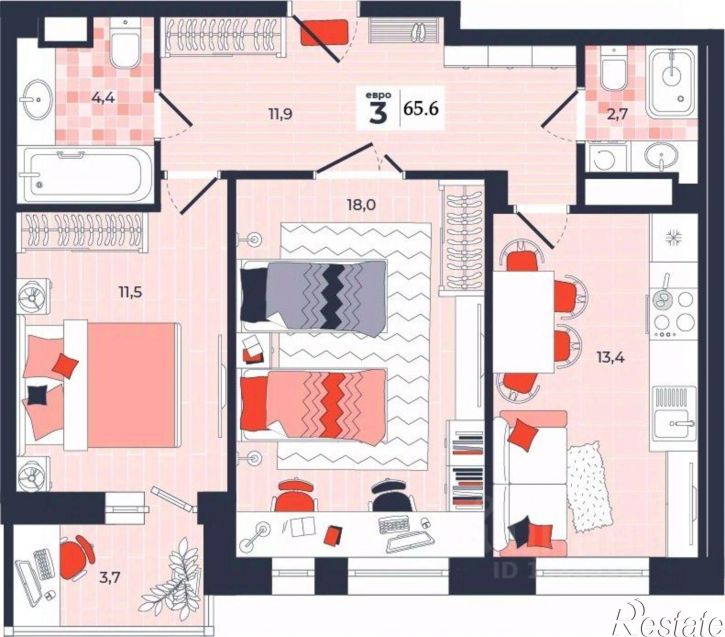 3-комн квартира в новом доме улица Академика Насоновой, 1А,  д. 1А