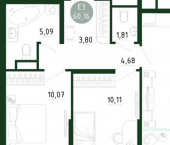 2-комн, 60 кв м, этаж 10/25 ул Генерала Маргелова, 9Б