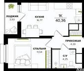 1-комн, 40 кв м, этаж 23/25 ул Академика Насоновой, 23
