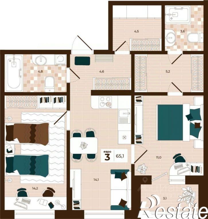 3-комн квартира в новом доме улица Академика Насоновой, 3,  д. 3