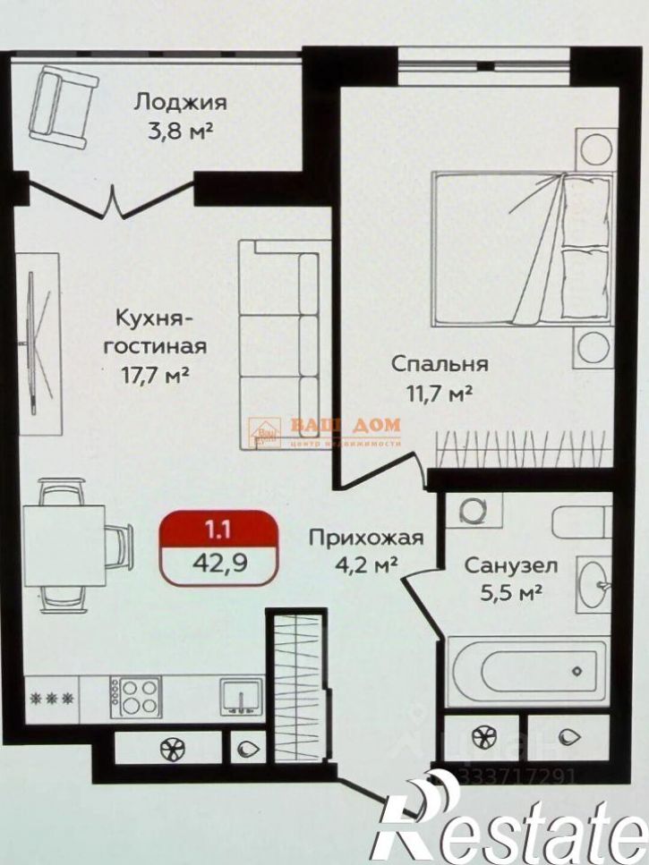 1-комн квартира улица Седова, 26 к2,  д. 26 к2