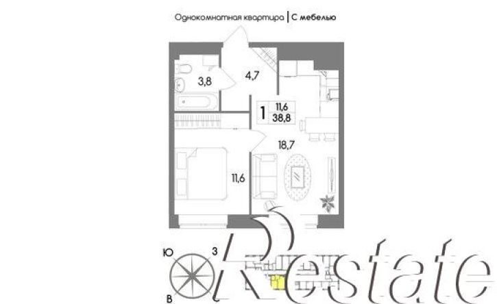 1-комн квартира в новом доме Ключевая улица, 4,  д. 4